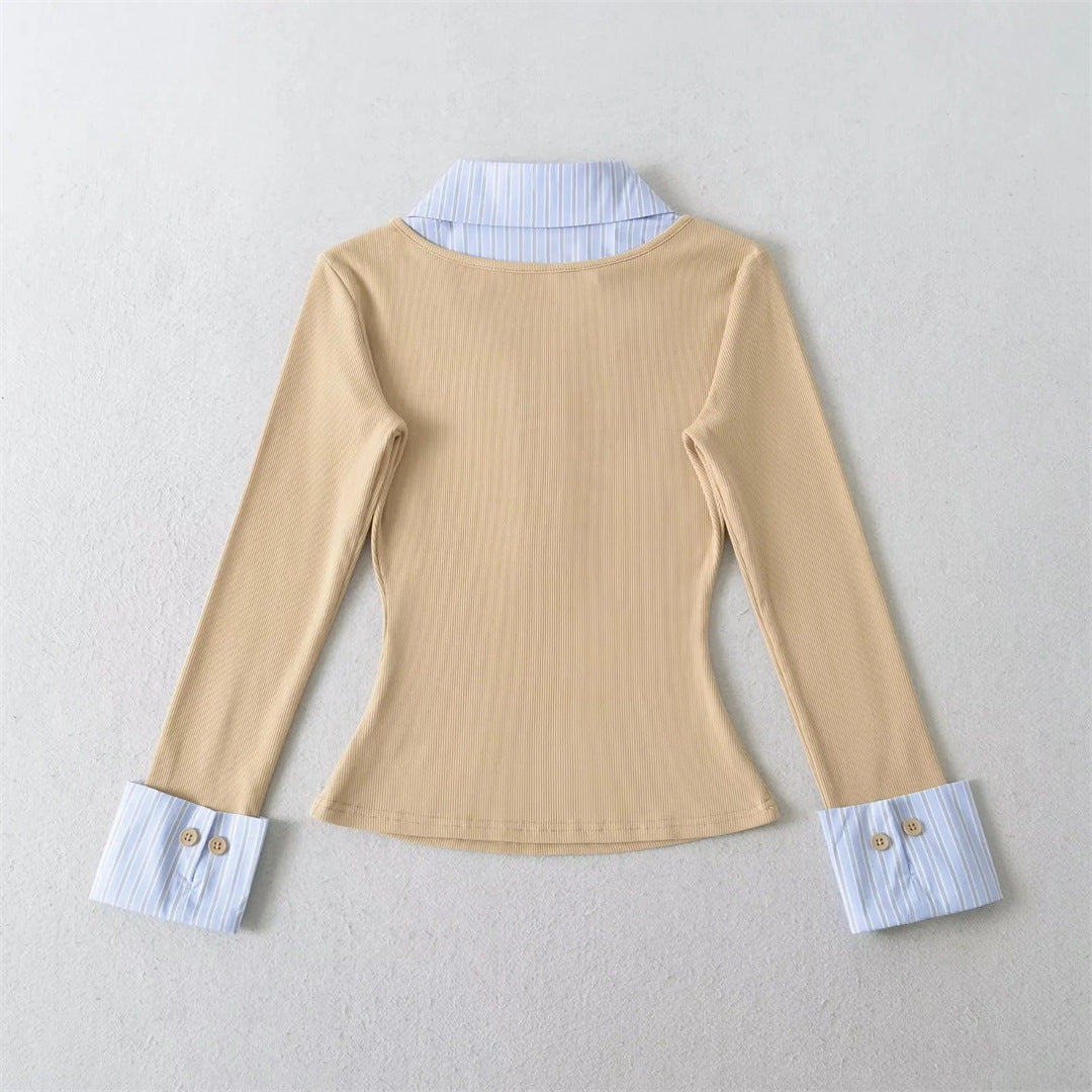 Spring Fake Two-Piece Turn-Down Collar Spliced Stripe Color-Blocking Three-Quarter Sleeve T-Shirt Fitted Waist-In Top