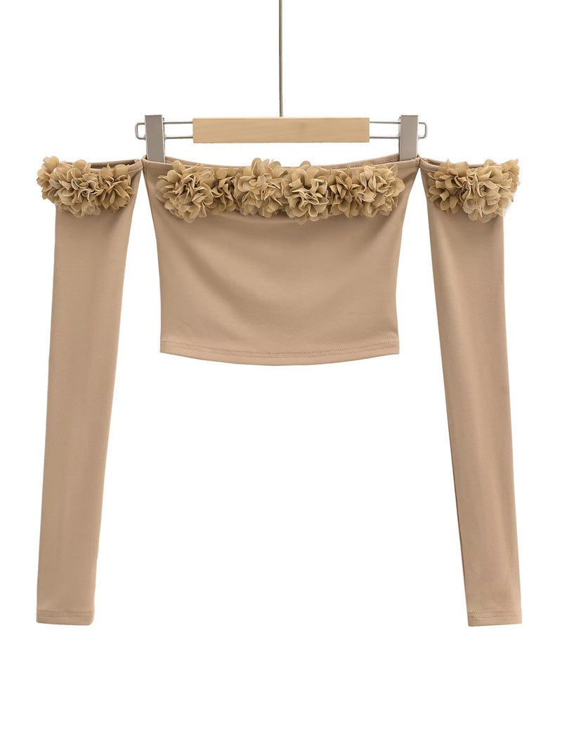 Elegant Fashion Floral Embellished Off-the-Shoulder Long Sleeve T-Shirt Autumn Fitted Slimming Inner Wear Chic Youthful Top