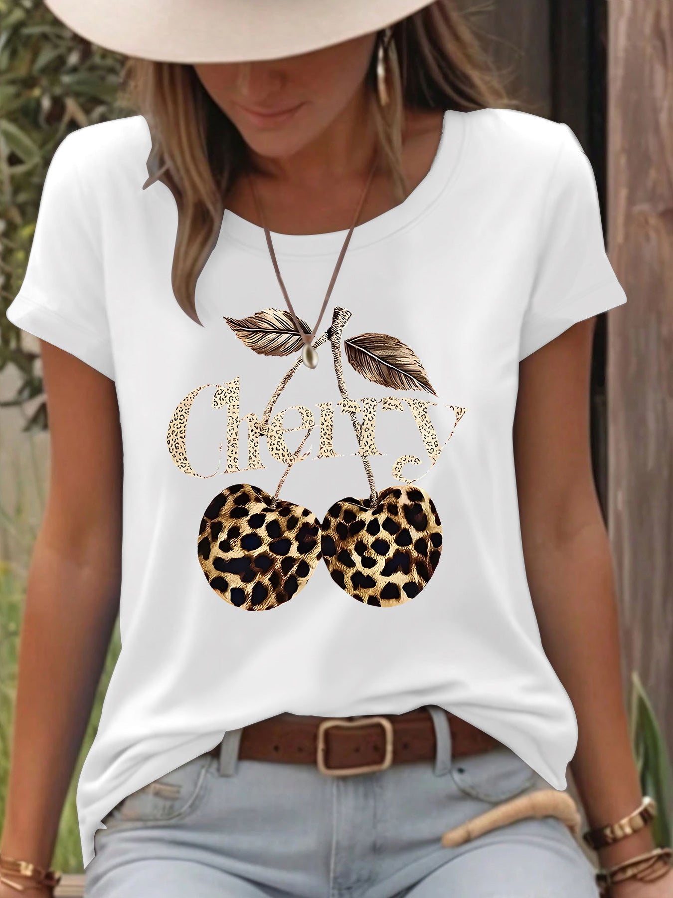 T-shirt short sleeved women's Cherry leopard print cherry round neck