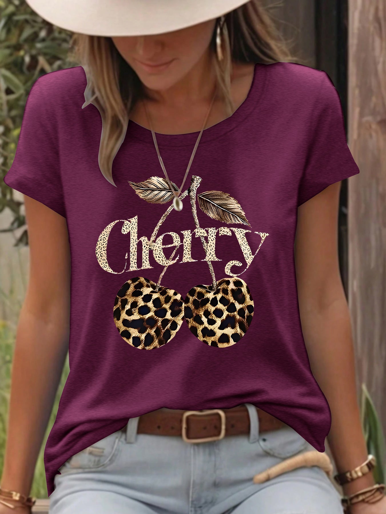 T-shirt short sleeved women's Cherry leopard print cherry round neck