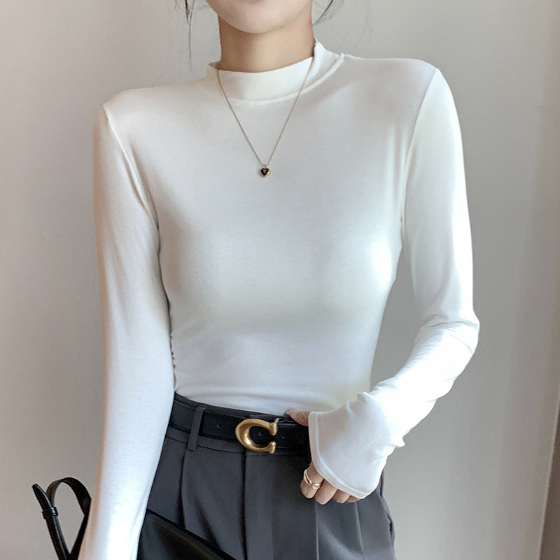 Women's long sleeved T-shirt with small stand up collar top