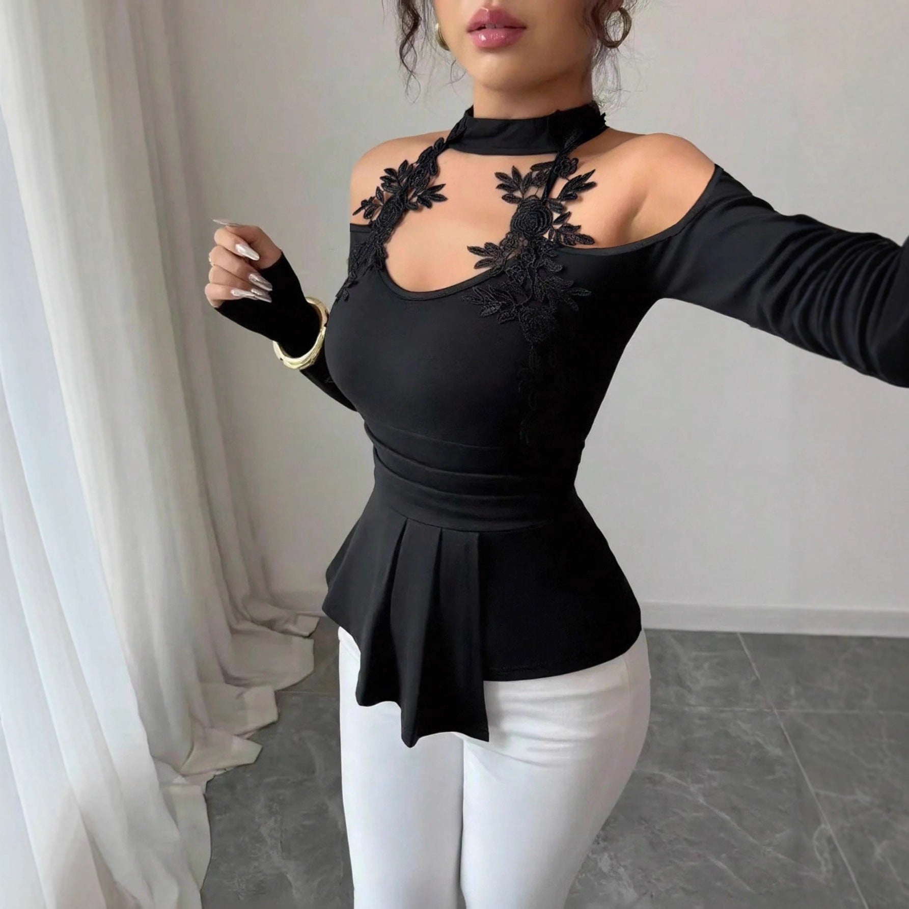 Hollow out shoulder pleated curved hem slim fit top