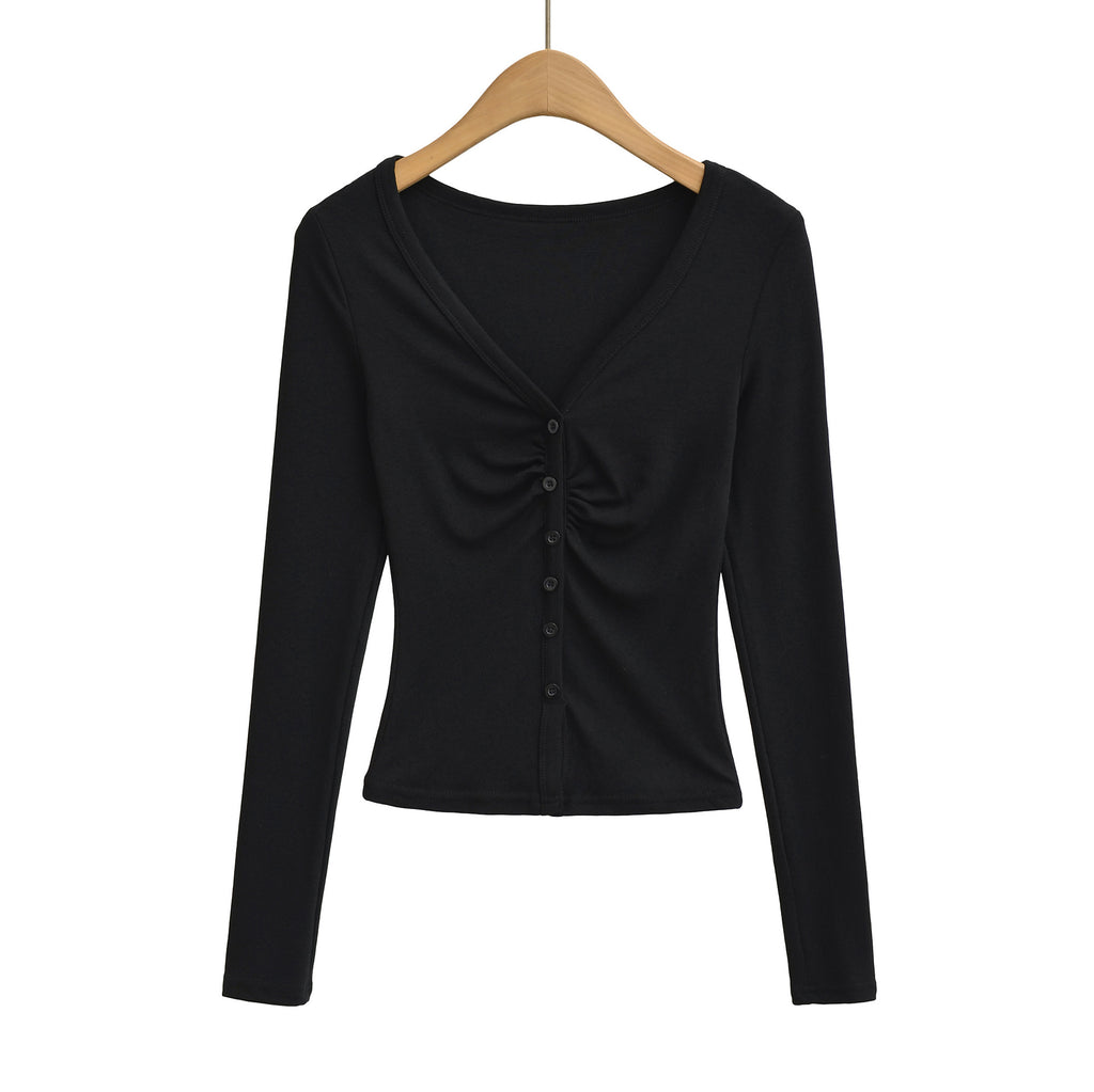 Sexy V-neck Long Sleeve Pleated Underwear T-shirt