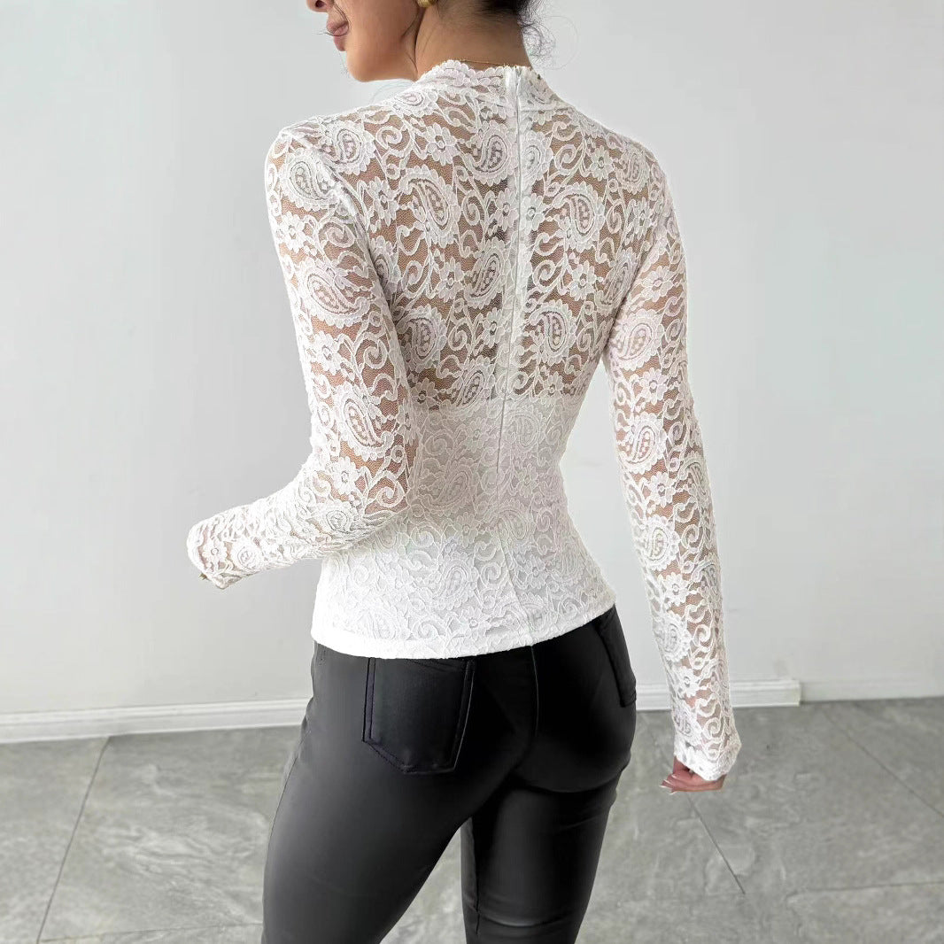 Lace patchwork back zipper long sleeved top