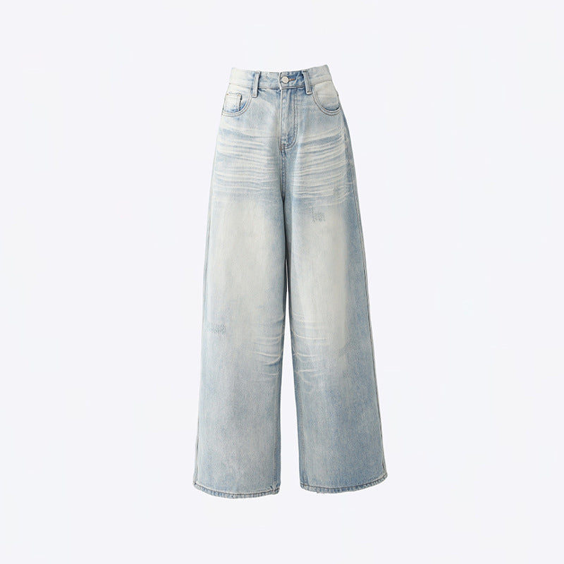 Women's  Loose Wide-Leg Jeans High-Waist Straight Leg Pants with  Frayed Details