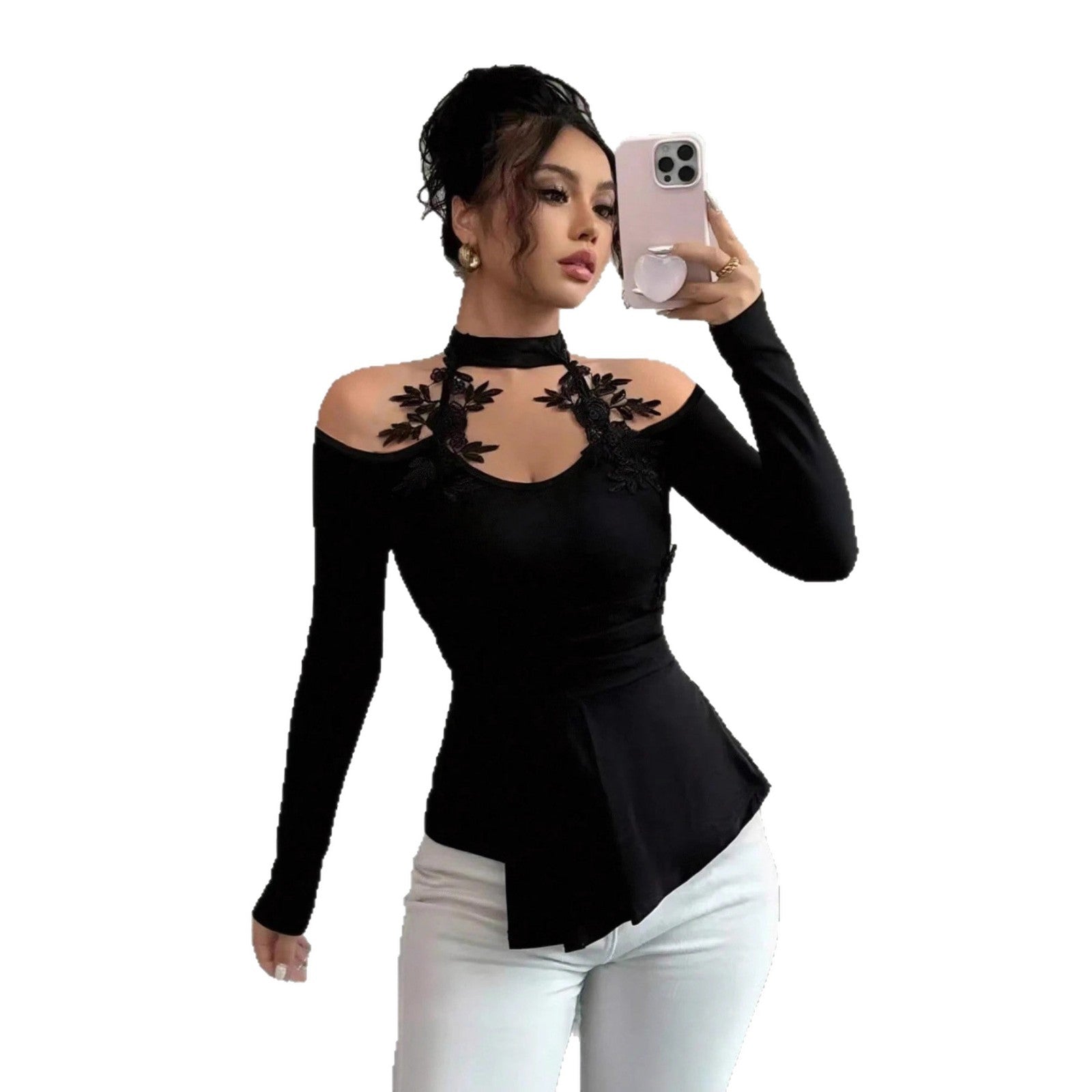 Hollow out shoulder pleated curved hem slim fit top
