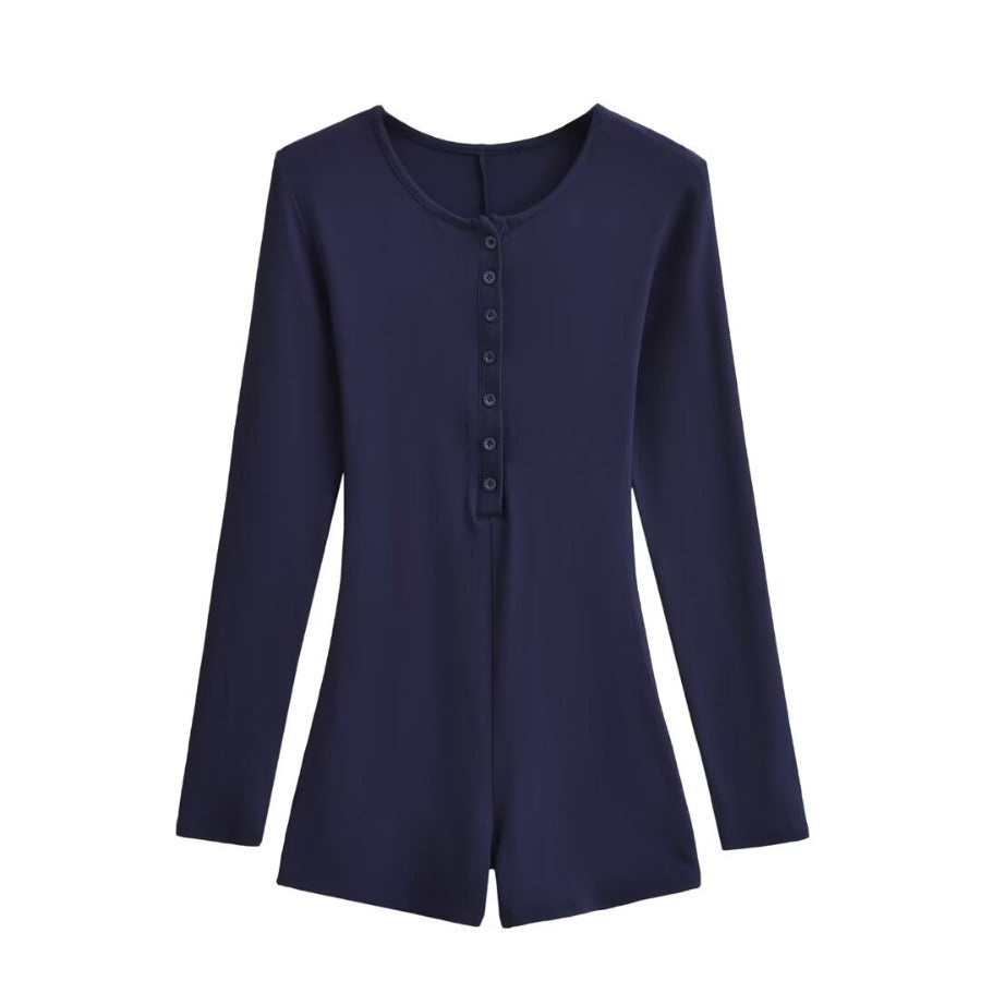 Single-breasted round-neck slim-fitting solid-color long-sleeved jumpsuit