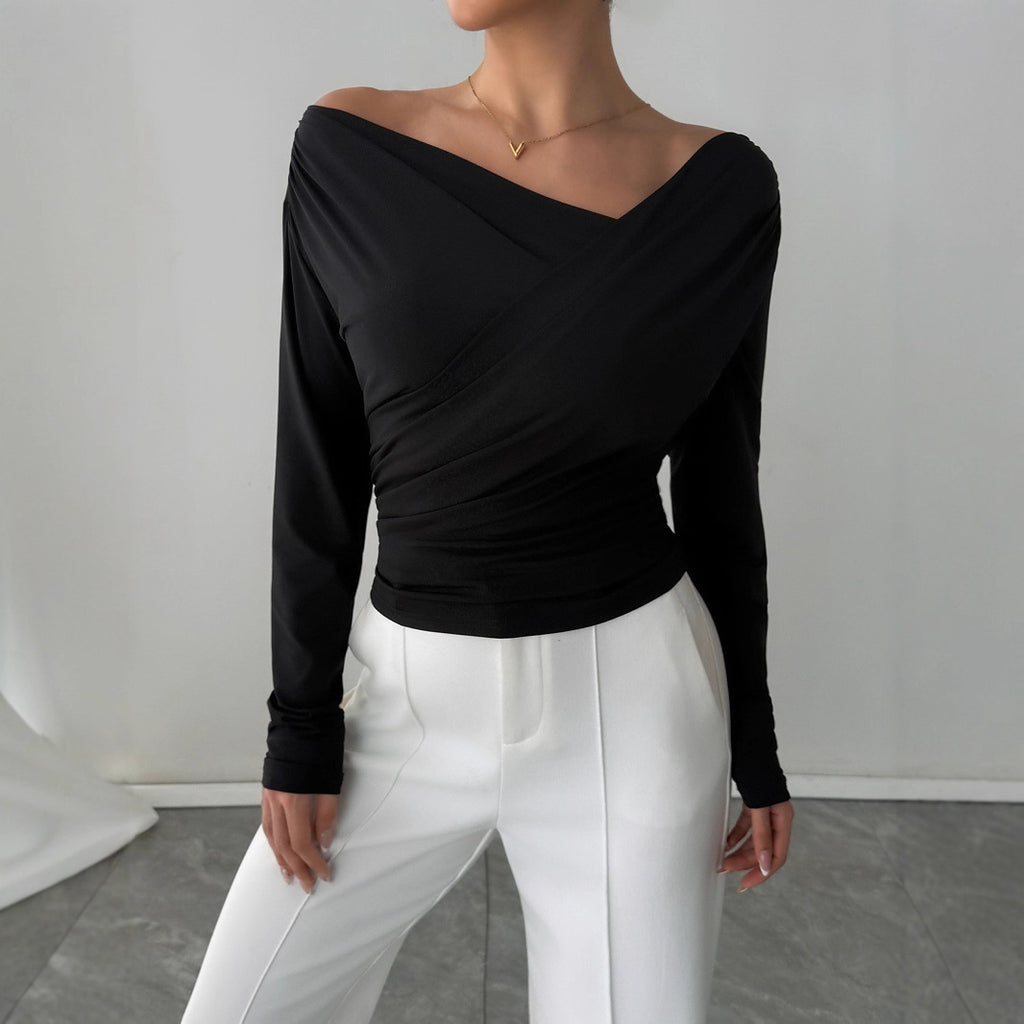 Solid color slanted shoulder collar off shoulder long sleeved shirt