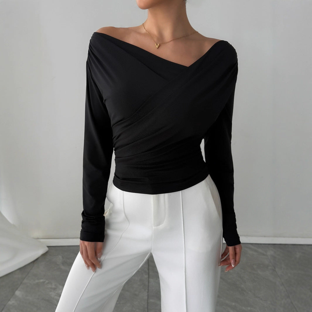 Solid color slanted shoulder collar off shoulder long sleeved shirt