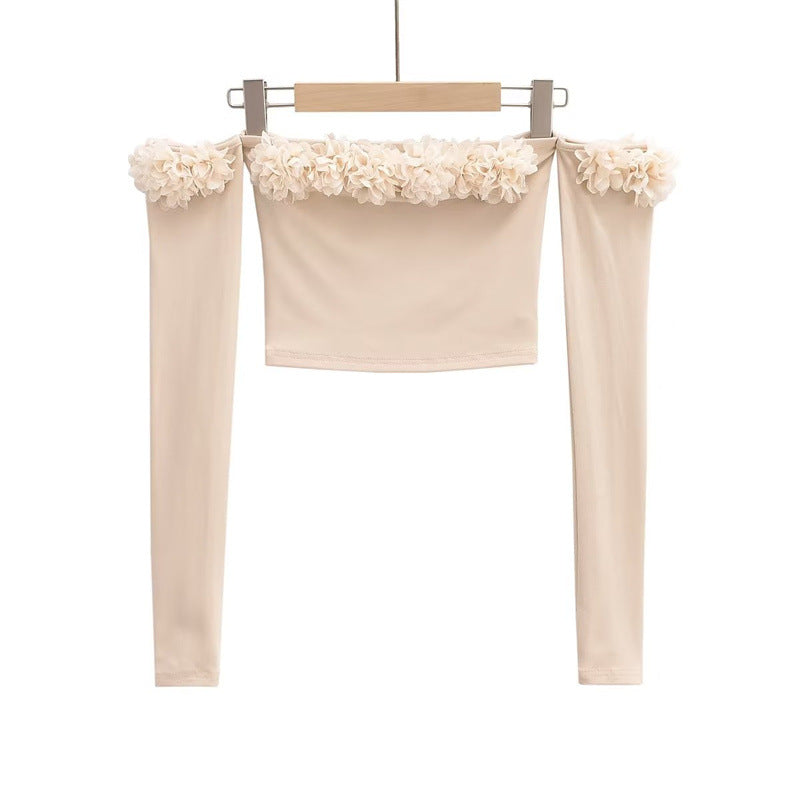 Elegant Fashion Floral Embellished Off-the-Shoulder Long Sleeve T-Shirt Autumn Fitted Slimming Inner Wear Chic Youthful Top