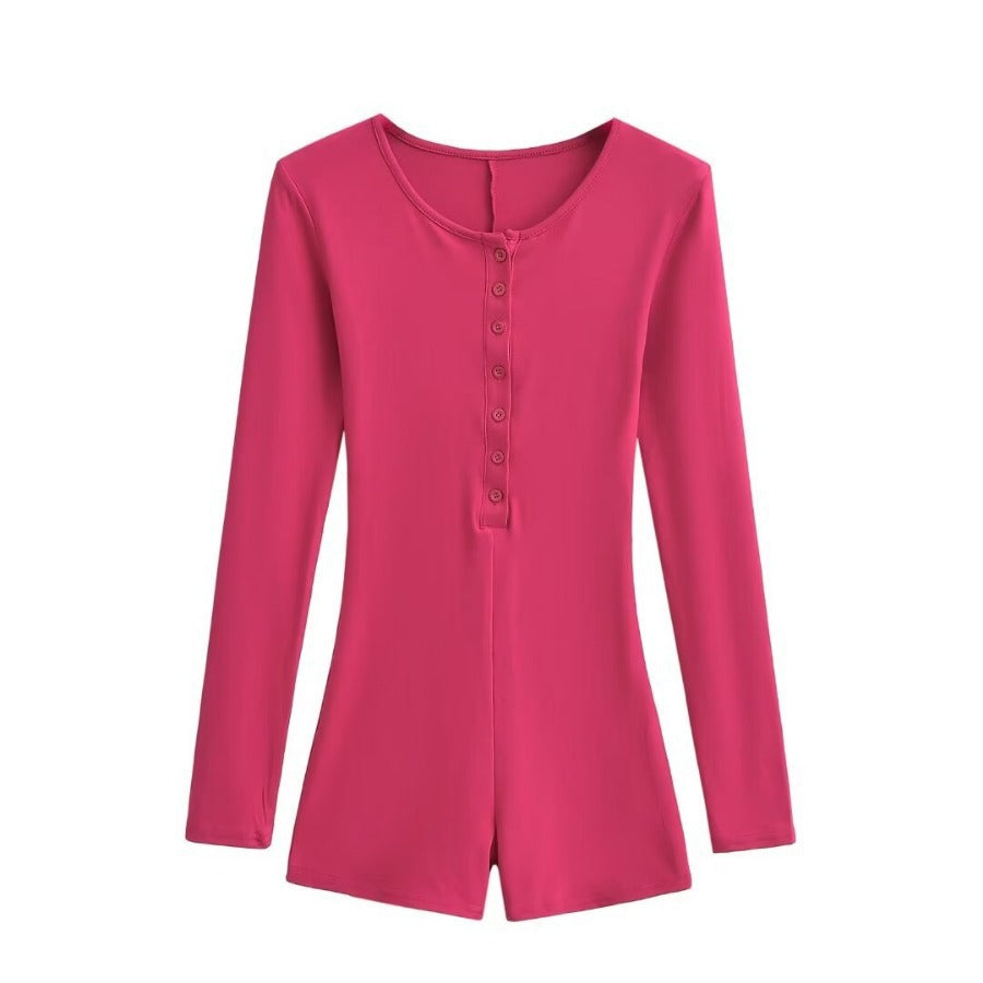 Single-breasted round-neck slim-fitting solid-color long-sleeved jumpsuit