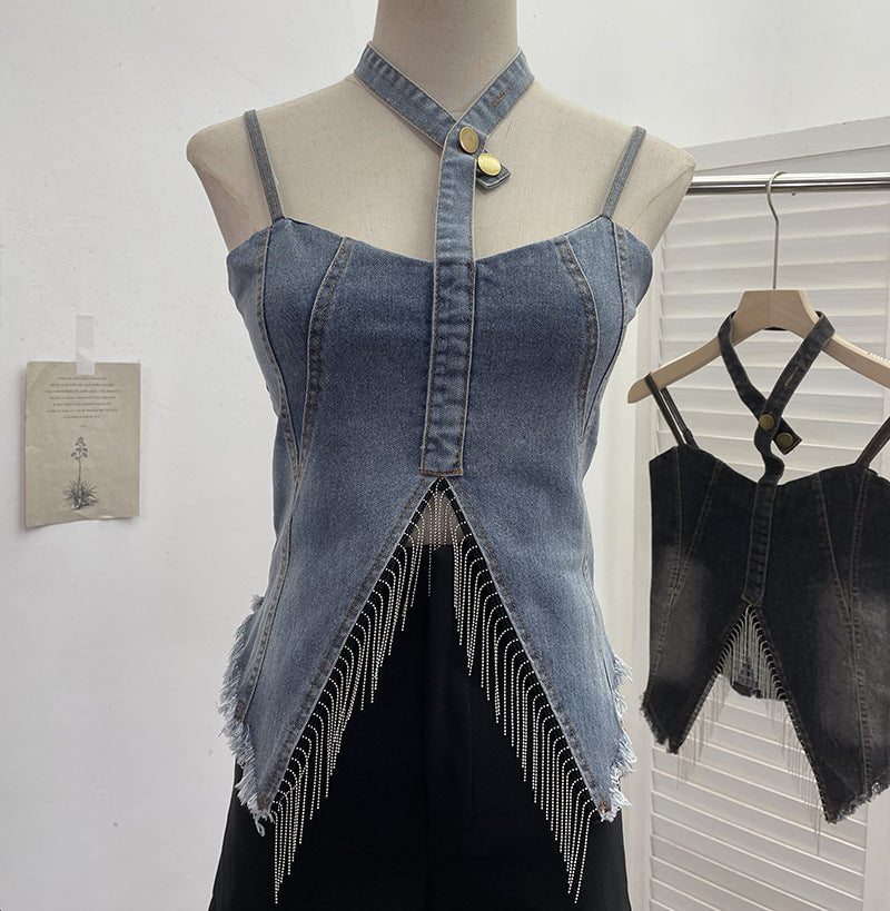Hanging neck slim fit tassel irregular sleeveless top