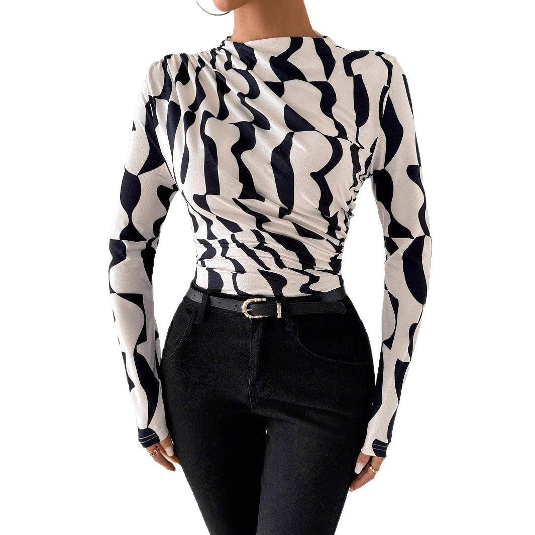 Wrinkled edge printed slim fit top for women