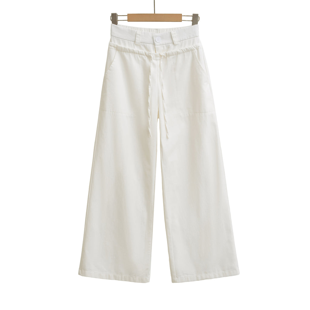 Splicing double waist drawstring elastic washed workwear wide leg pants casual pants