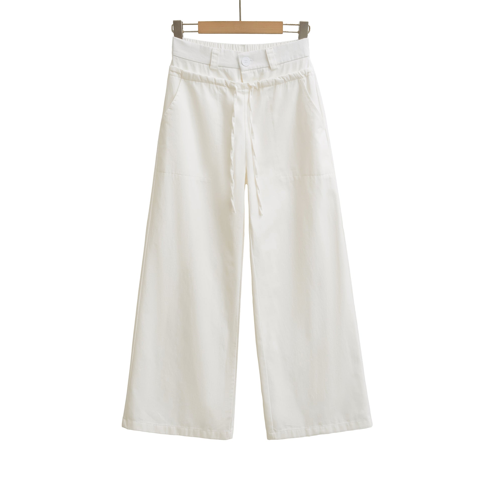 Splicing double waist drawstring elastic washed workwear wide leg pants casual pants