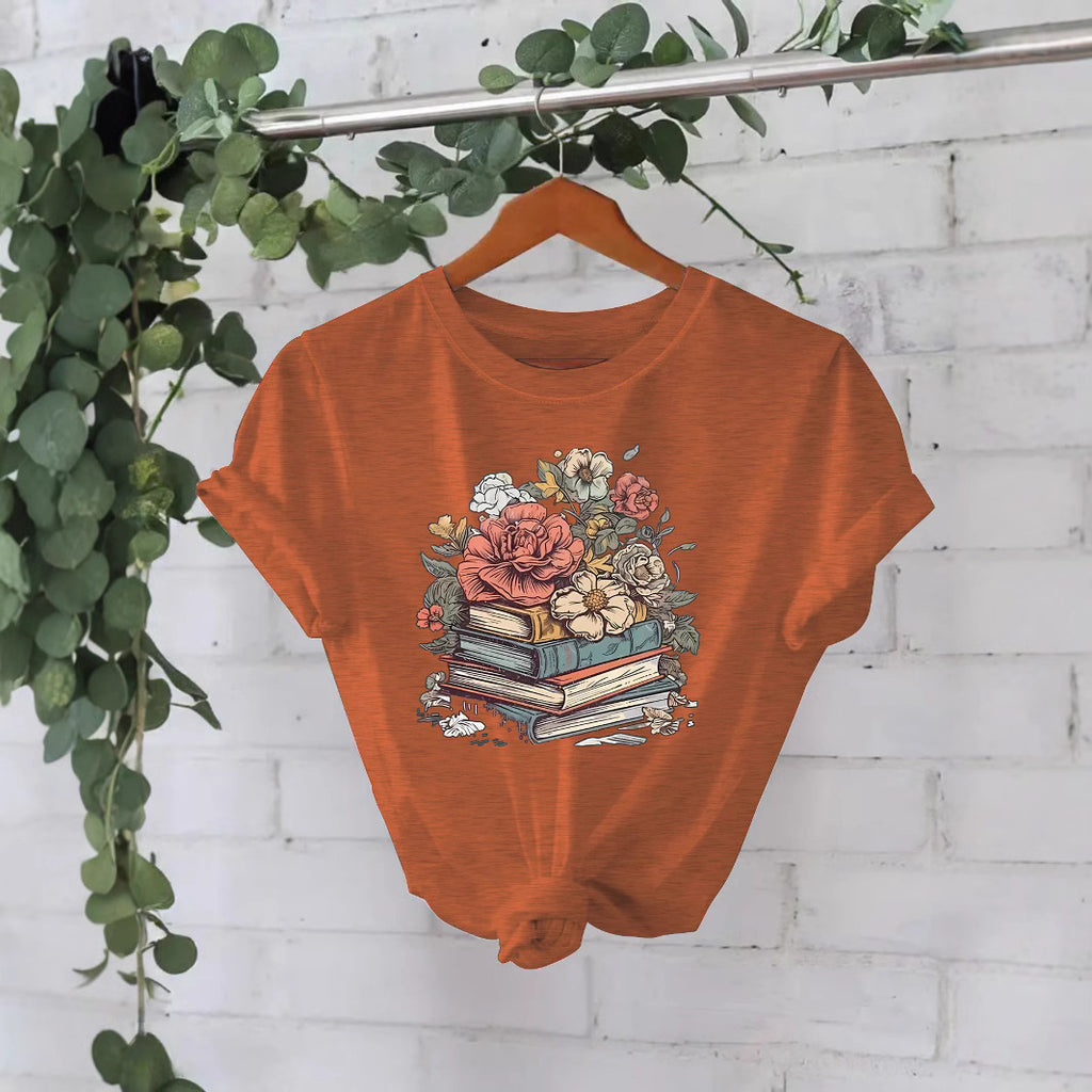 Flower Book New Round Neck Loose Short Sleeve