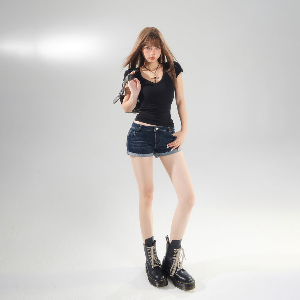 Women's  Low Waist Cuffed Elastic Denim Shorts Summer Slimming Versatile A-Line Hot Pants