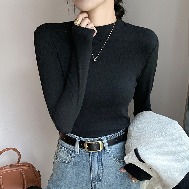 Women's long sleeved T-shirt with small stand up collar top