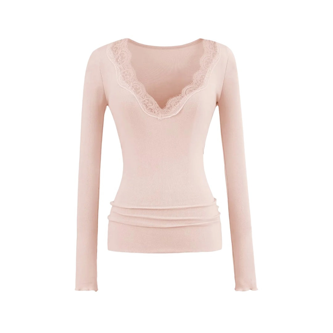 Pure Desire Style Sexy Lace Patchwork V-Neck Long Sleeve T-Shirt for Women  Vintage Fitted Inner Layer Basic Top Solid Color