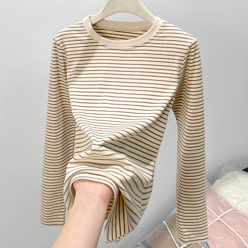 Round neck striped T-shirt long sleeved top for women