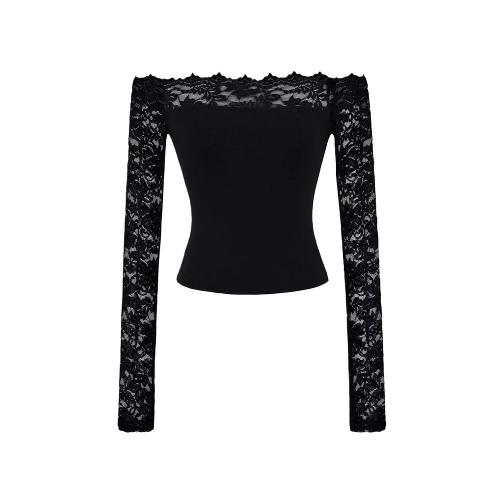 Lace Off-Shoulder Long Sleeve T-Shirt for Women, Sexy Hollow Out Fitted Crop Top, Pure Desire Style, Unique Streetwear Design