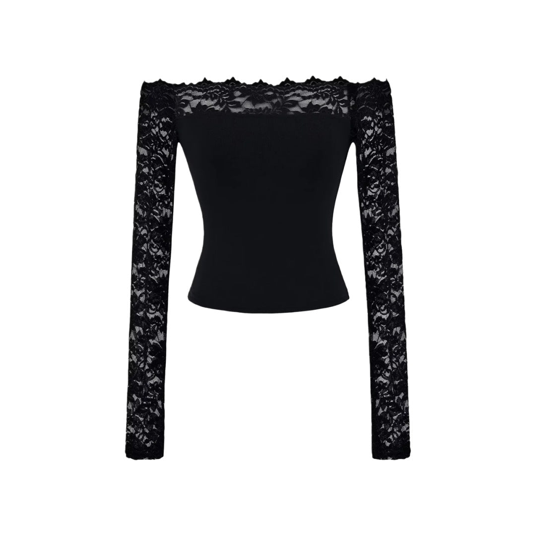 Lace Off-Shoulder Long Sleeve T-Shirt for Women, Sexy Hollow Out Fitted Crop Top, Pure Desire Style, Unique Streetwear Design