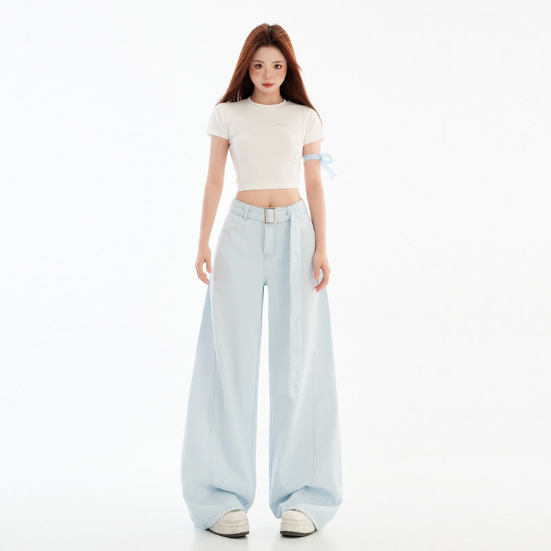 White Wide-Leg Knife-Edge Denim Pants for Women Loose Fit