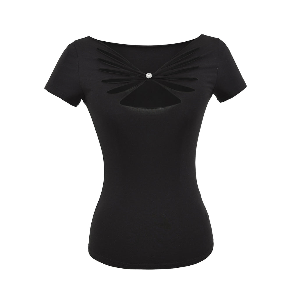 Butterfly hollow V-neck short sleeved T-shirt top