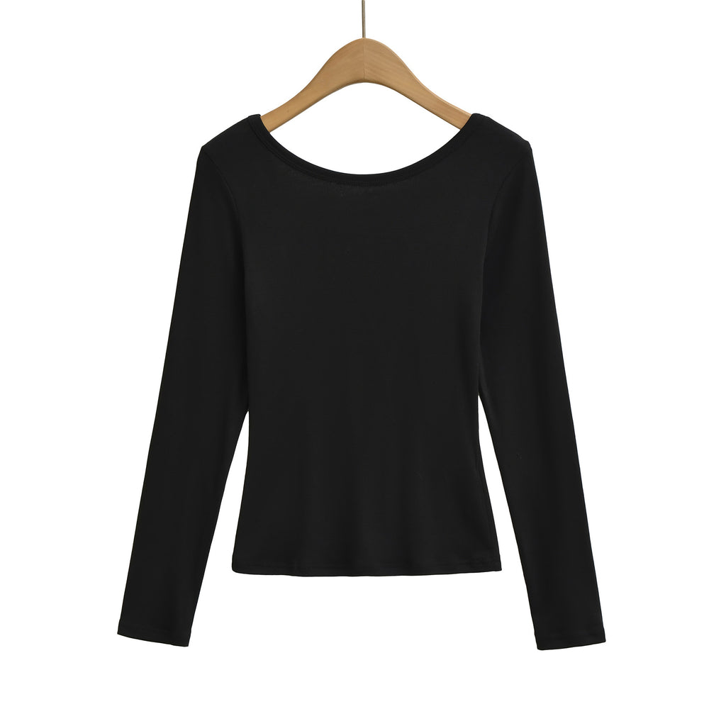 Low neck sexy backless elastic slim fit figure enhancing long sleeved T-shirt