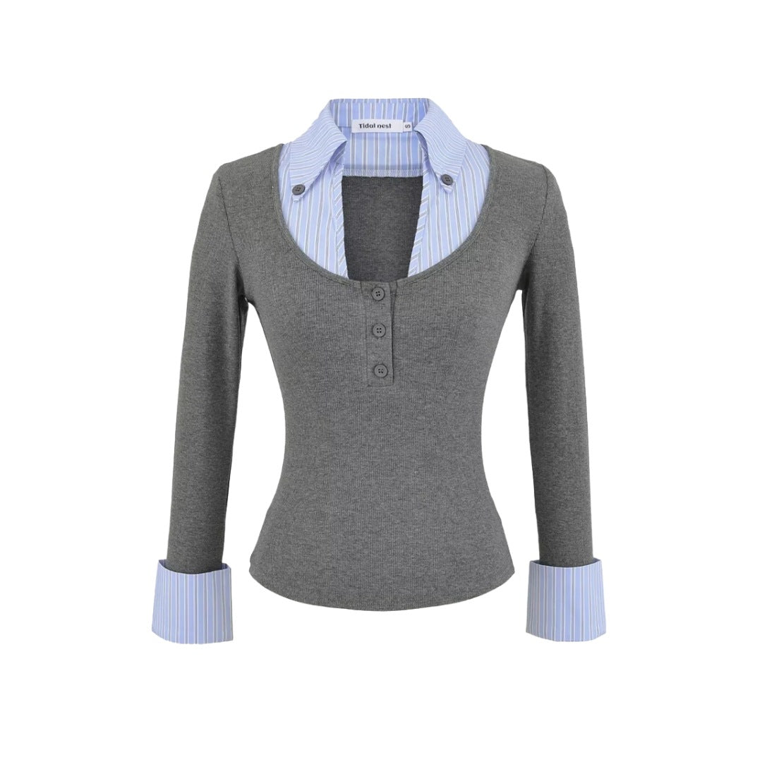 Spring Fake Two-Piece Turn-Down Collar Spliced Stripe Color-Blocking Three-Quarter Sleeve T-Shirt Fitted Waist-In Top