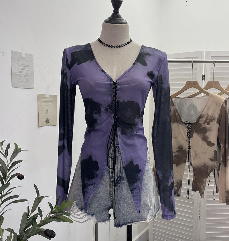 V-neck lace up hollow irregular long sleeved T-shirt top