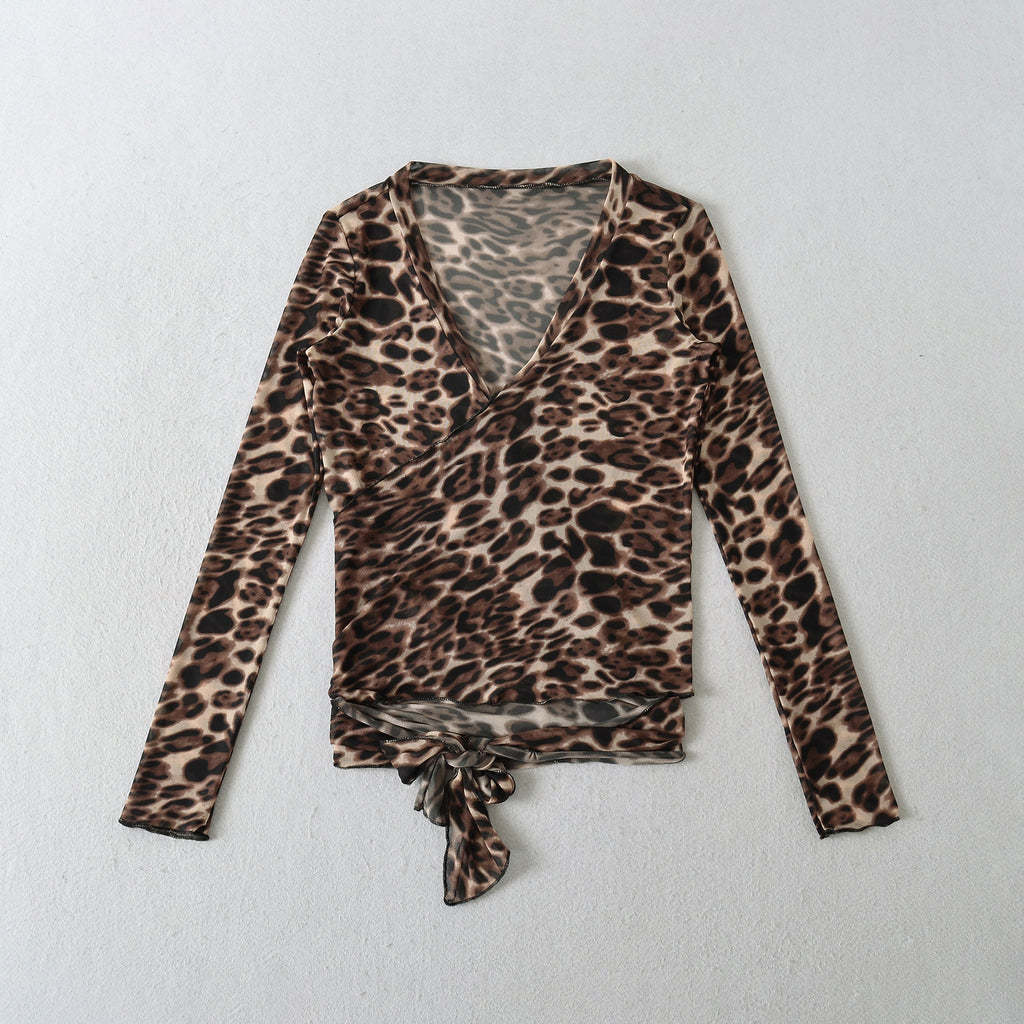 Leopard cross tie long sleeved top for women