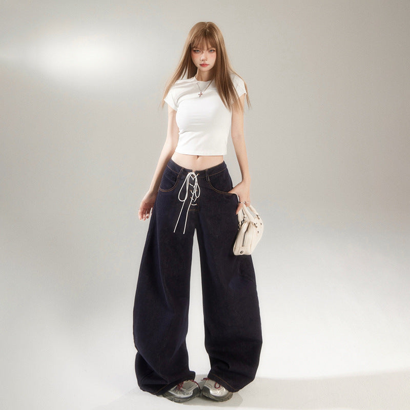 Loose Belted High-Waisted Wide-Leg Jeans Women's Banana Knife Pants