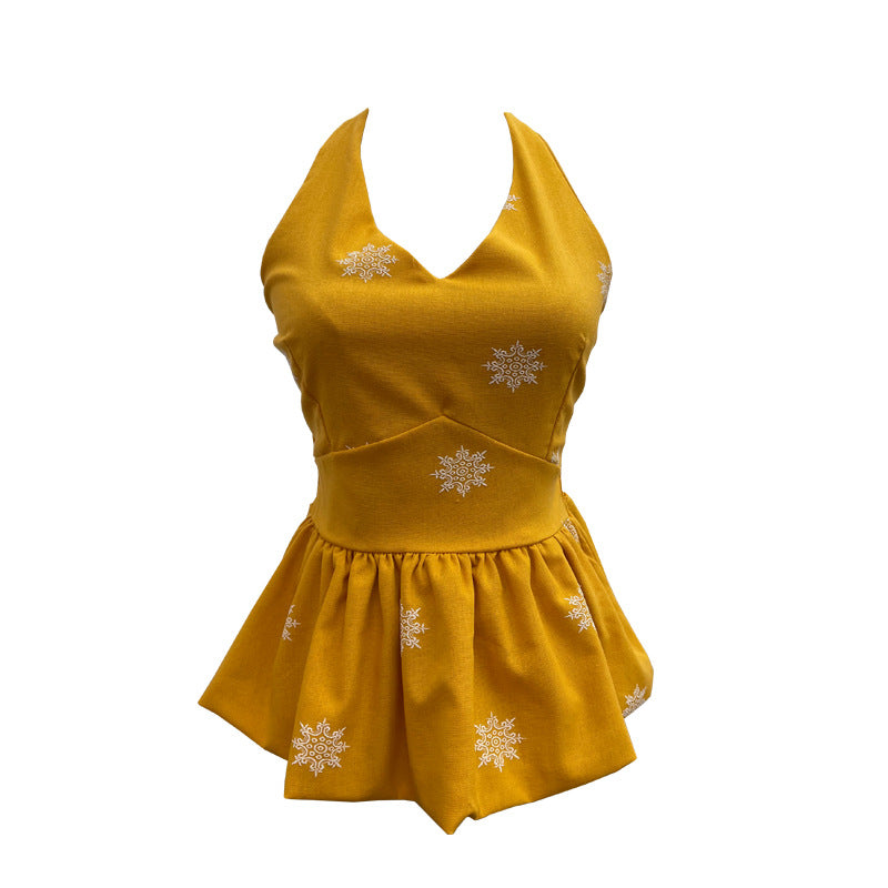 Hanging neck tie backless embroidered sleeveless top