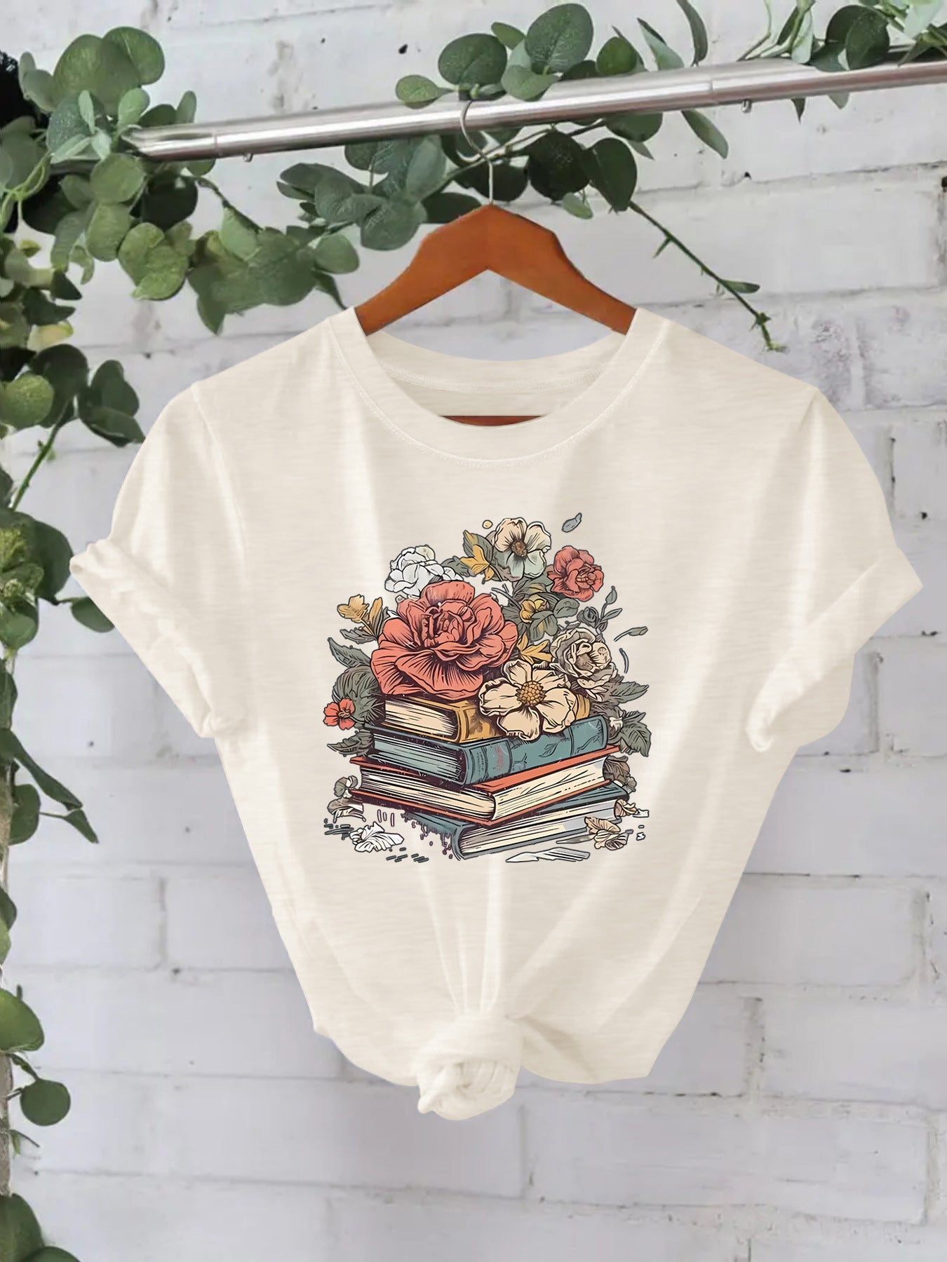 Flower Book New Round Neck Loose Short Sleeve