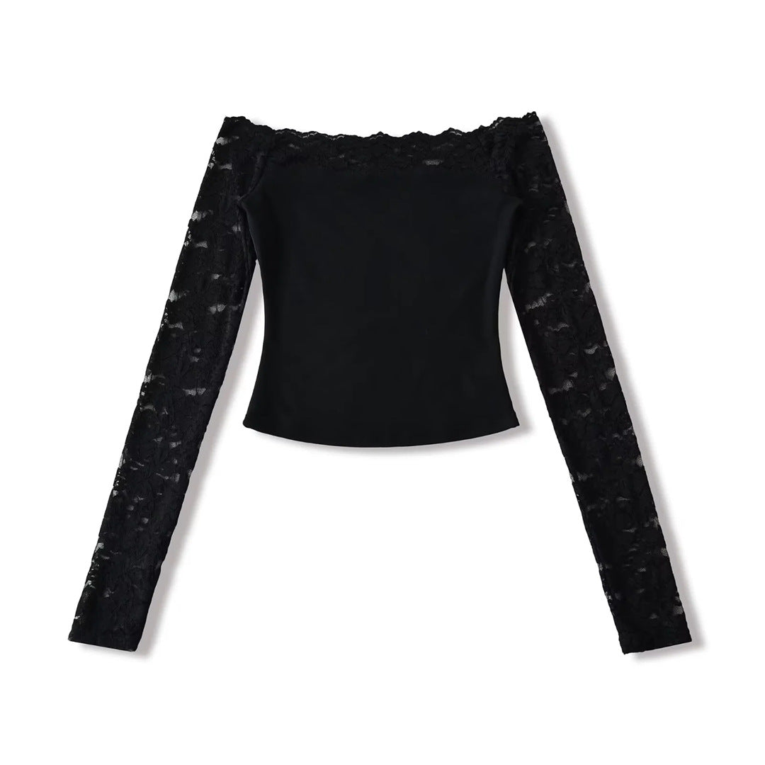 Lace Off-Shoulder Long Sleeve T-Shirt for Women, Sexy Hollow Out Fitted Crop Top, Pure Desire Style, Unique Streetwear Design