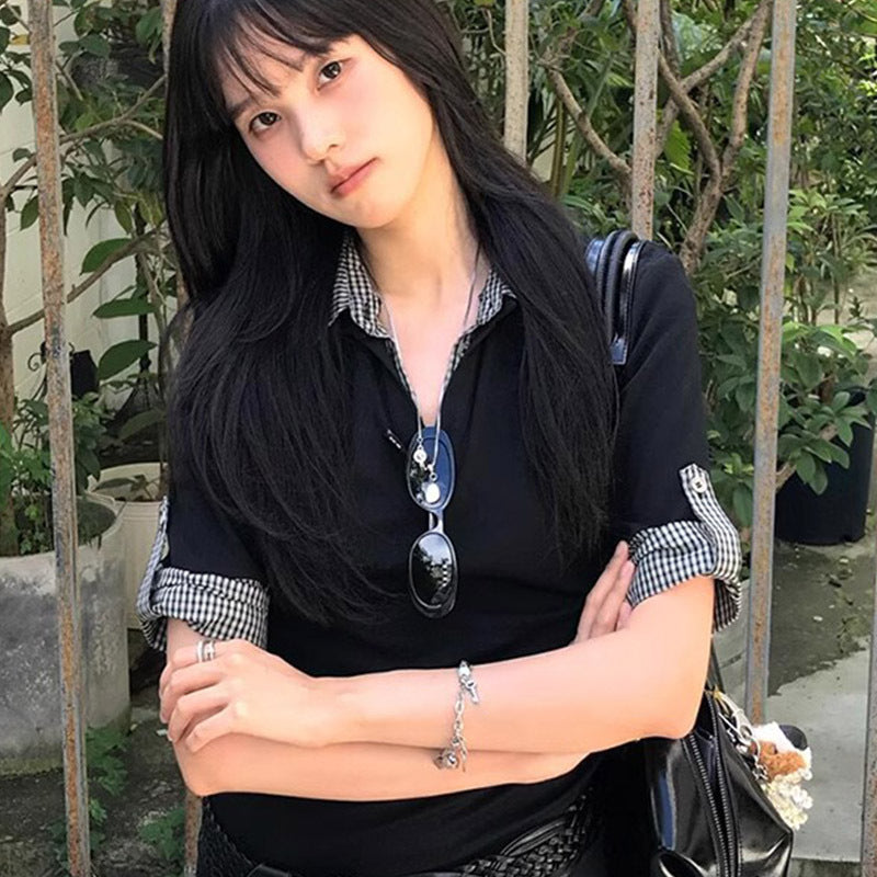 College Style Short Sleeve Women's Summer Color Block Plaid Fake Two-Piece Fitted T-Shirt Sweet and Spicy Top