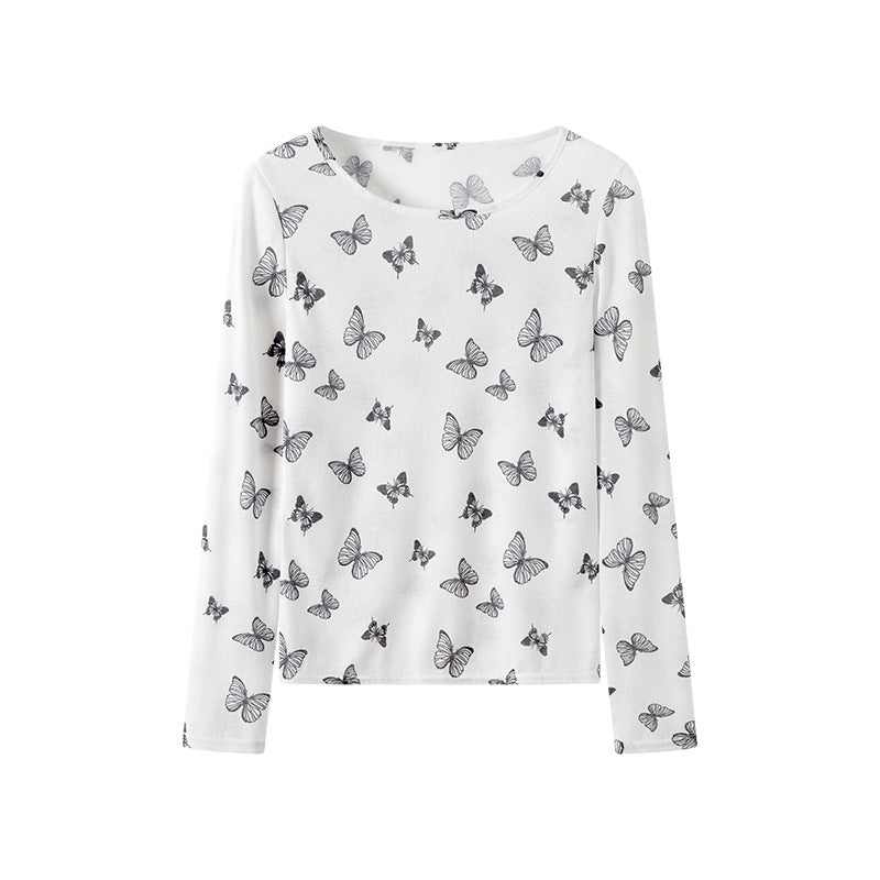Butterfly print round neck long sleeved shirt