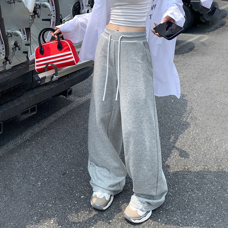 Women's Loose Wide-Leg Pants with Drawstring Elastic Waist Straight Casual Trousers