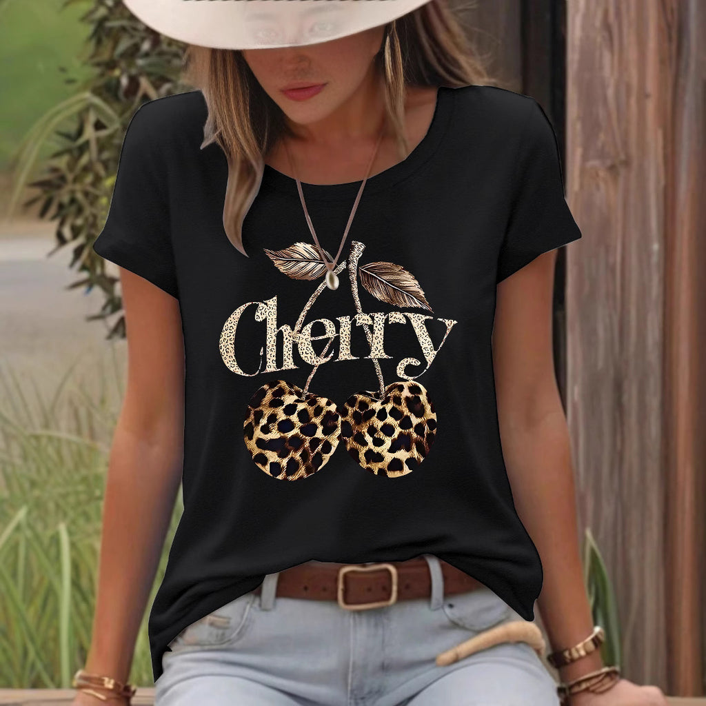 T-shirt short sleeved women's Cherry leopard print cherry round neck