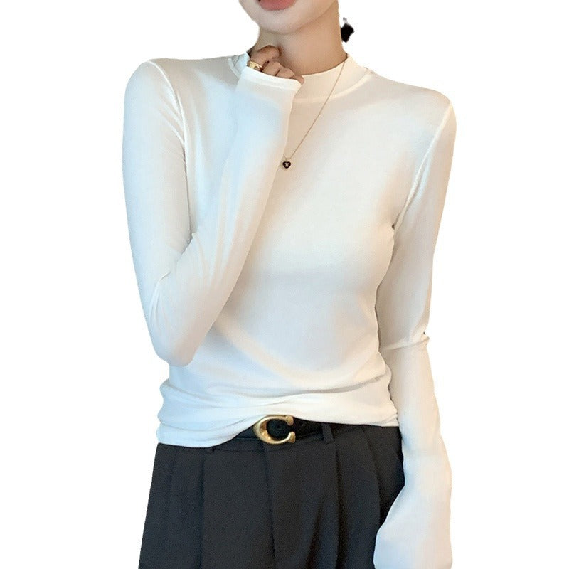Women's long sleeved T-shirt with small stand up collar top