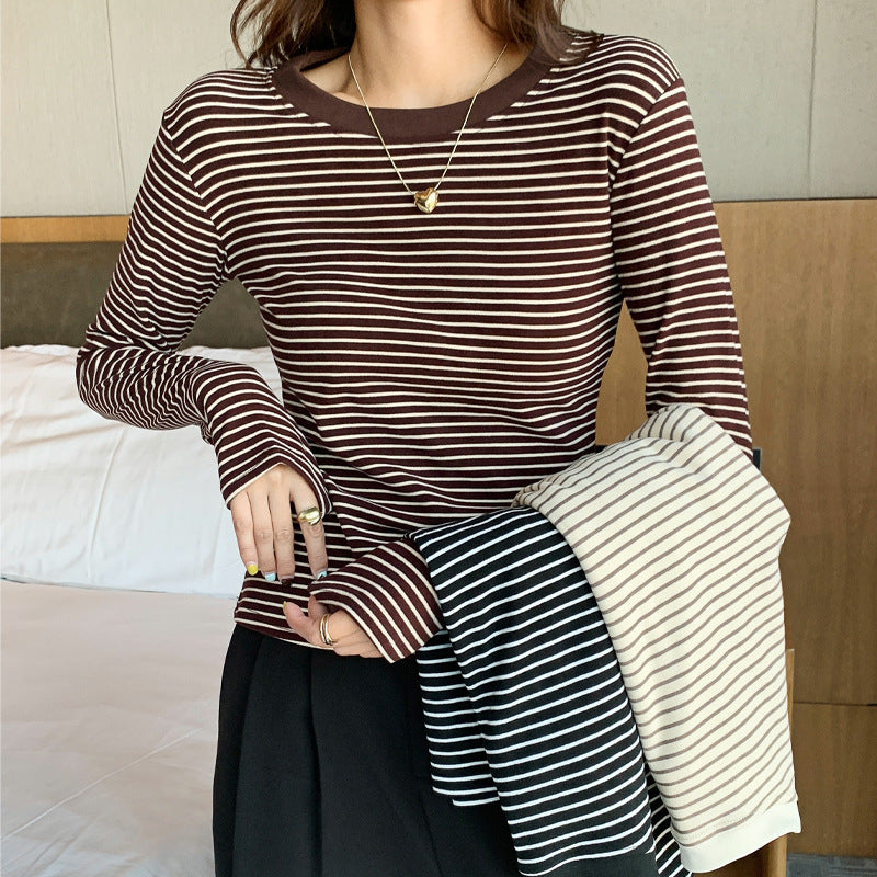 Round neck striped T-shirt long sleeved top for women