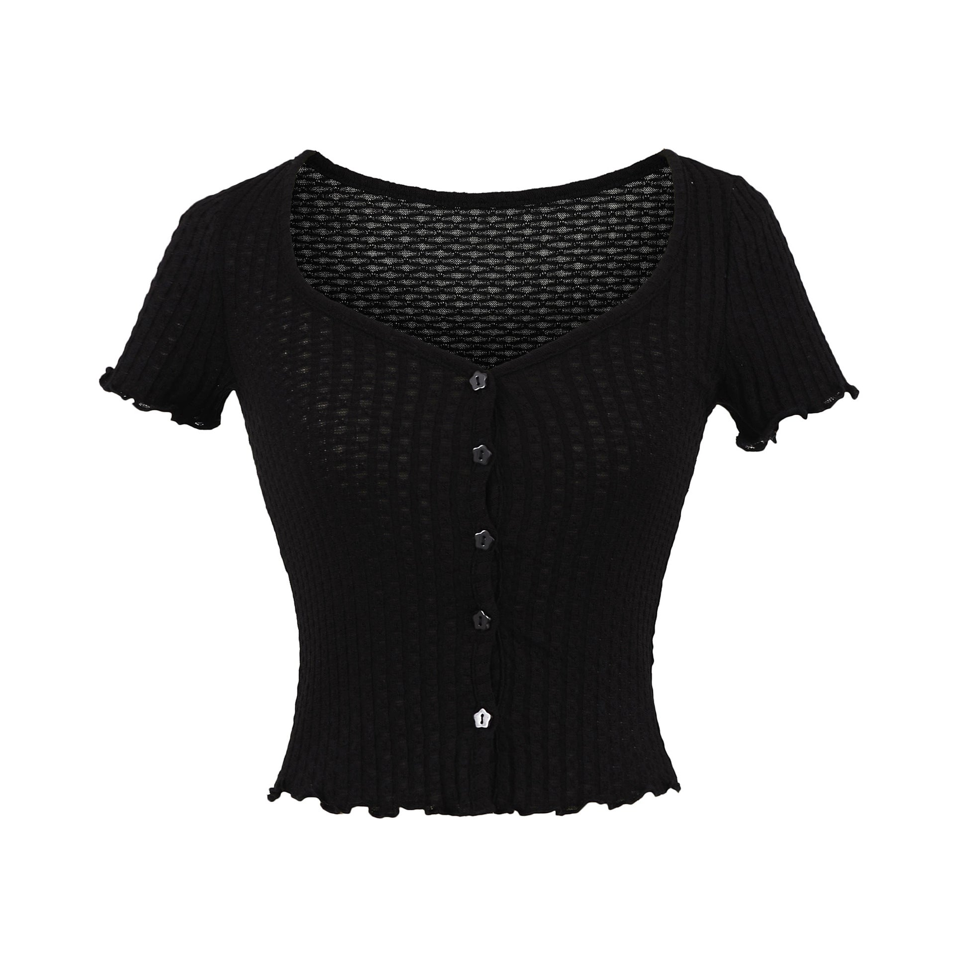 Black fungus edge short sleeved T-shirt for women
