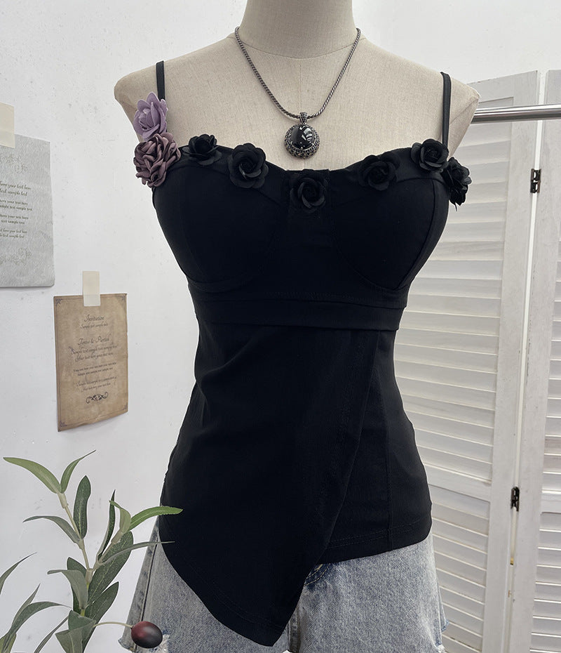 Three dimensional rose elastic strapless irregular short sleeveless top