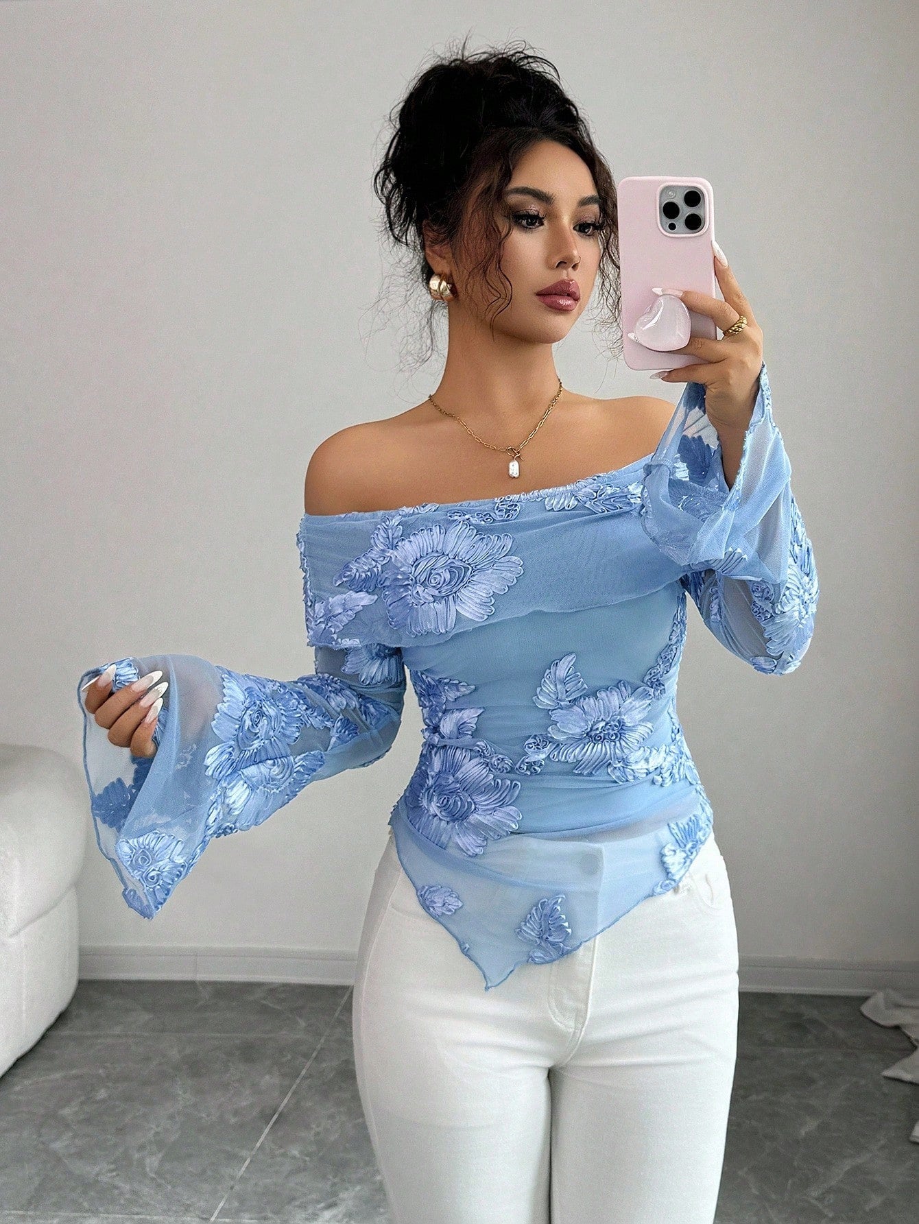 Women's single neck flared sleeve asymmetrical hem top