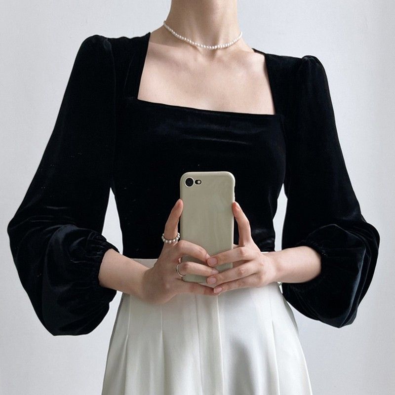 Style Off-Shoulder Fitted Black Square Neck Bubble Sleeve Velvet Blouse Women's Royal Style Long Sleeve Top