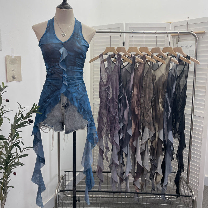 Tie dye neck hanging sleeveless top