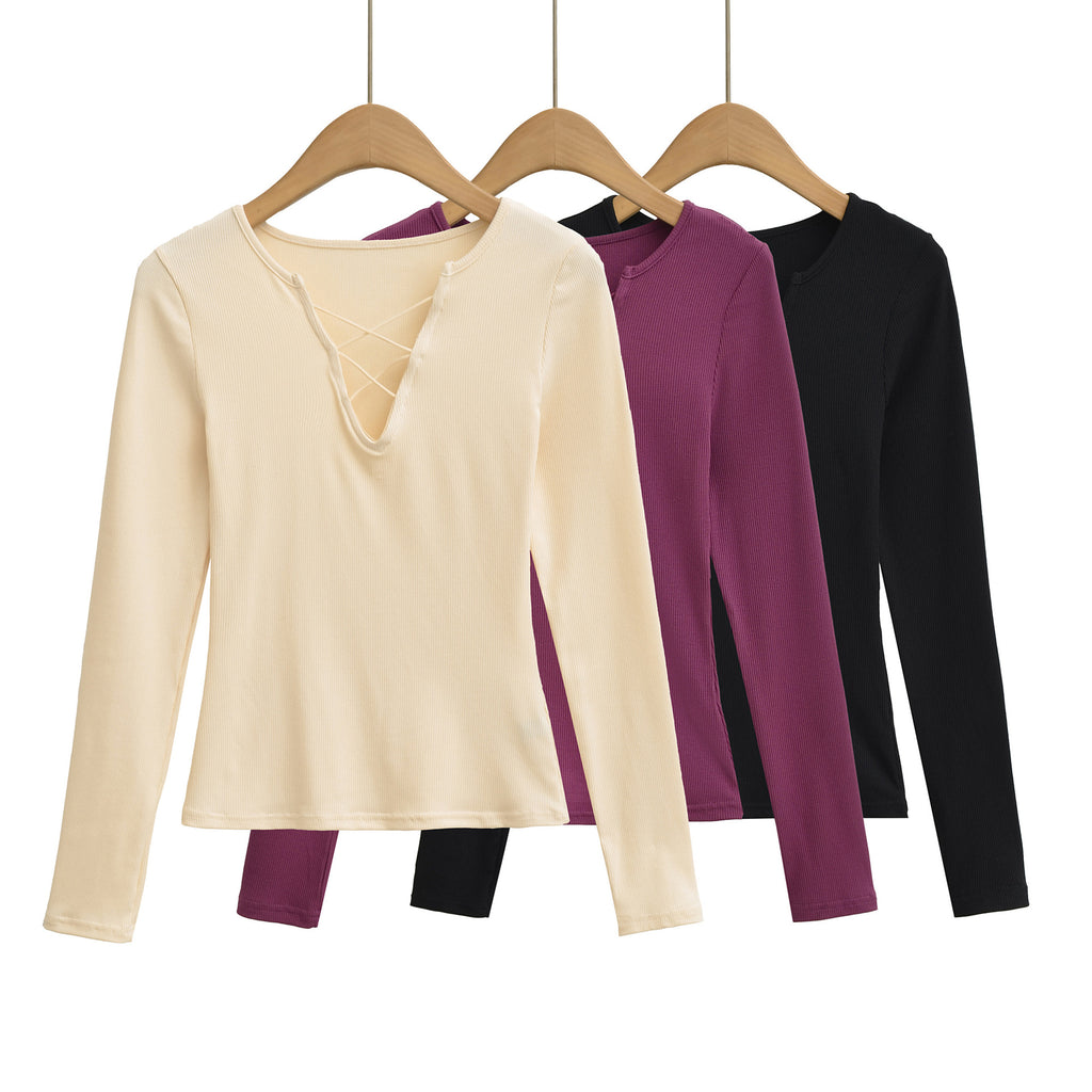 Strap V-neck long sleeved T-shirt for women