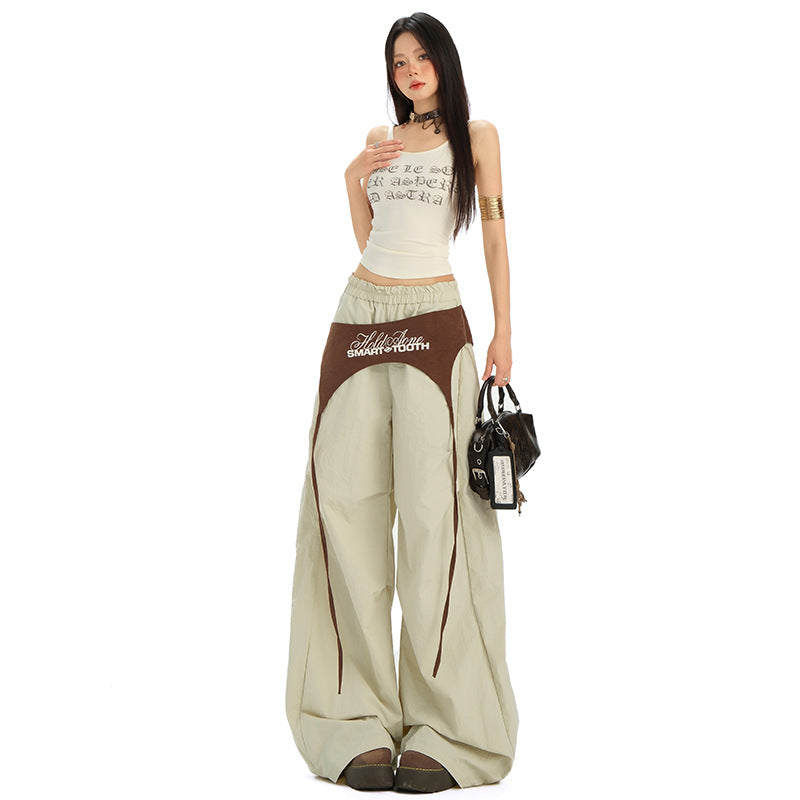 Women's Color-Blocked Tie-Up Oversized Loose Wide-Leg Pants Hip-Hop Quick-Dry Dance Casual Pants