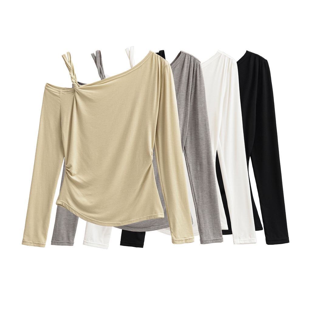 Slant neck twisted off shoulder pleated casual long sleeved base T-shirt